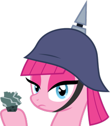 Size: 689x789 | Tagged: safe, artist:nano23823, character:pinkamena diane pie, character:pinkie pie, species:earth pony, species:pony, g4, .svg available, accessory swap, female, helmet, hoof hold, mare, pickelhaube, simple background, svg, transparent background, vector
