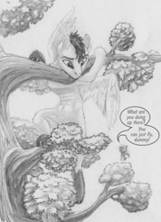 Size: 1280x1754 | Tagged: safe, artist:joestick, oc, species:pony, g4, dialogue, duo, female, male, ponyville, text, traditional art, tree, tree branch
