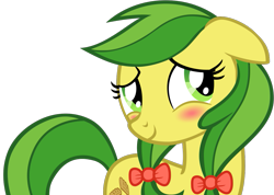 Size: 1161x825 | Tagged: safe, artist:nano23823, character:apple fritter, species:earth pony, species:pony, g4, .svg available, apple family member, blushing, bow, eyelashes, female, hair bow, mare, simple background, smiling, solo, svg, transparent background, vector