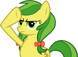 Size: 497x362 | Tagged: safe, artist:nano23823, base used, character:apple fritter, species:earth pony, species:pony, g4, .svg available, apple family member, bow, eyelashes, female, frown, hair bow, mare, rainbow dash salutes, salute, simple background, solo, svg, transparent background, underhoof, vector