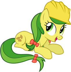 Size: 683x695 | Tagged: safe, artist:nano23823, character:apple fritter, species:earth pony, species:pony, g4, .svg available, apple family member, bow, eyelashes, female, hair bow, hard hat, hat, lying down, mare, open mouth, prone, simple background, solo, svg, transparent background, vector