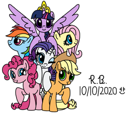 Size: 1203x1066 | Tagged: safe, artist:royalsmurf, artist:smurfettyblue, character:applejack, character:fluttershy, character:pinkie pie, character:rainbow dash, character:rarity, character:twilight sparkle, character:twilight sparkle (alicorn), species:alicorn, species:pony, g4, date, happy anniversary, happy birthday mlp:fim, mane six, mlp fim's tenth anniversary, png, signature, simple background, transparent background