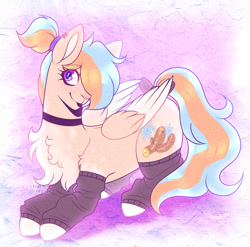 Size: 3540x3492 | Tagged: safe, artist:tuzz-arts, oc, oc only, oc:cool ginger, species:pegasus, species:pony, g4, blue eyes, bow, choker, clothing, colored hooves, colored wings, colored wingtips, ear piercing, earring, femboy, hair over one eye, jewelry, leg warmers, legwarmers, lipstick, male, markings, multicolored hair, nonbinary, pegasus oc, piercing, pony oc, ponytail, purple background, simple background, socks, solo, tail bow, wings