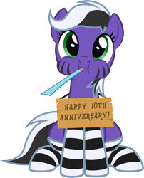 Size: 1683x2085 | Tagged: safe, artist:lightning stripe, derpibooru original, oc, oc:lightning stripe, species:earth pony, species:pony, g4, black and white mane, clothing, cute, eyelashes, female, front view, green eyes, happy birthday mlp:fim, looking at you, mare, mlp fim's tenth anniversary, ocbetes, onomatopoeia, party horn, puffy cheeks, show accurate, sign, simple background, sitting, socks, solo, striped socks, stripes, text, transparent background, two toned mane, two toned tail, vector