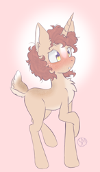 Size: 1166x2000 | Tagged: safe, artist:sinamuna, oc, oc only, oc:pepper dust, species:deer, species:pony, species:unicorn, g4, au:equuis, blushing, brown hair, confused, curly hair, deer tail, forehead mark, freckles, golden eyes, horn, lanky, long legs, male, messy hair, nervous, original species, purple eyes, redesign, shy, solo, spots, two toned eyes, unideer, yellow eyes