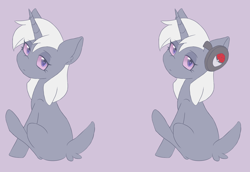 Size: 1508x1037 | Tagged: safe, artist:sinamuna, oc, oc only, oc:whist mania, species:pony, species:unicorn, g4, crossover, espurr, expressionless, expressionless face, female, headphones, horn, looking back, looking over shoulder, pokéball, pokémon, poképony, purple eyes, purple sclera, redesign, sitting, solo