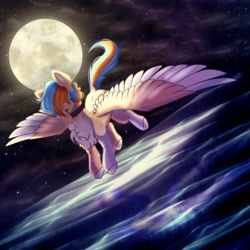 Size: 4300x4300 | Tagged: safe, artist:tuzz-arts, oc, oc only, species:pegasus, species:pony, g4, chest fluff, choker, colored hooves, colored wings, femboy, full moon, lipstick, male, moon, night, night sky, nonbinary, pegasus oc, pony oc, sky, solo, trans male, transgender, wings