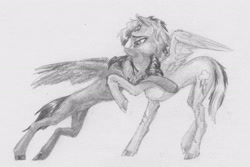 Size: 2279x1524 | Tagged: safe, artist:joestick, character:rainbow dash, character:scootaloo, species:pegasus, species:pony, g4, crying, female, females only, hug, injured, monochrome, traditional art