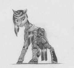 Size: 1861x1722 | Tagged: safe, artist:joestick, character:twilight sparkle, character:twilight sparkle (unicorn), species:pony, species:unicorn, g4, bag, boots, clothing, female, hoodie, mare, monochrome, saddle bag, shoes, solo, traditional art