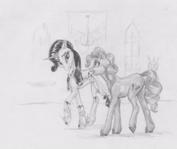 Size: 3478x2916 | Tagged: safe, artist:joestick, character:pinkie pie, character:rarity, species:changeling, species:earth pony, species:pony, species:unicorn, g4, castle, changeling guard, clothing, female, jewerly, mare, monochrome, shoes, traditional art, window