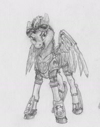 Size: 1372x1734 | Tagged: safe, artist:joestick, character:rainbow dash, species:pegasus, species:pony, g4, armor, female, goggles, looking at you, mare, monochrome, open mouth, spread wings, traditional art, wings