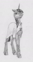 Size: 1177x2183 | Tagged: safe, artist:joestick, character:twilight sparkle, character:twilight sparkle (unicorn), species:pony, species:unicorn, g4, clothing, female, jewerly, mare, monochrome, robe, smiling, smirk, solo, traditional art