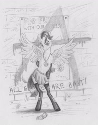 Size: 2629x3328 | Tagged: safe, artist:joestick, oc, species:pegasus, species:pony, g4, anarchy, clothing, female, graffiti, innocent look, mare, monochrome, pegasus oc, poster, punk, semi-anthro, skirt, spread wings, traditional art, wall, wings