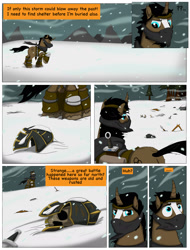 Size: 1530x2009 | Tagged: safe, artist:cactuscowboydan, oc, species:pony, species:unicorn, comic:mlp:outcasted, g4, banished, fantasy class, helmet, skull, snow, story included, sword, warrior, weapon, winter