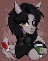 Size: 1265x1582 | Tagged: safe, artist:hydrargyrum, species:pegasus, species:pony, g4, bandage, blood, broken wing, bust, clothing, coffee, commission, fangs, gerard way, hood hold, hoof hold, jacket, male, messy mane, my chemical romance, ponified, scarf, spread wings, stallion, wings, ych result