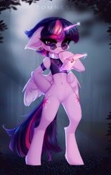 Size: 2120x3348 | Tagged: safe, artist:tomness, character:twilight sparkle, character:twilight sparkle (alicorn), species:alicorn, species:pony, g4, belly button, bipedal, bottomless, clothing, collar, ear piercing, female, floppy ears, glasses, magic, mare, notepad, partial nudity, piercing, semi-anthro, solo, telekinesis