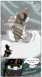 Size: 1408x2532 | Tagged: safe, artist:cactuscowboydan, oc, species:human, species:pony, species:unicorn, comic:mlp:outcasted, g4, comic, fantasy class, mystery, snow, statue, warrior, winter