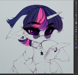 Size: 967x933 | Tagged: safe, artist:tomness, character:twilight sparkle, character:twilight sparkle (alicorn), species:alicorn, species:pony, g4, accessories, ear piercing, earring, glasses, jewelry, looking down, notepad, piercing, wip