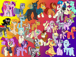 Size: 2048x1536 | Tagged: safe, artist:mintymelody, character:apple bloom, character:autumn blaze, character:babs seed, character:berry punch, character:berryshine, character:big mcintosh, character:coco pommel, character:derpy hooves, character:diamond tiara, character:discord, character:dj pon-3, character:fluttershy, character:king sombra, character:lyra heartstrings, character:maud pie, character:moondancer, character:ocellus, character:octavia melody, character:pear butter, character:pinkie pie, character:princess cadance, character:princess flurry heart, character:queen chrysalis, character:scootaloo, character:silver spoon, character:starlight glimmer, character:stellar flare, character:sugar belle, character:sunburst, character:sunset shimmer, character:sweetie belle, character:tree hugger, character:trixie, character:twilight sparkle, character:twilight sparkle (alicorn), character:vinyl scratch, character:zecora, species:alicorn, species:draconequus, species:earth pony, species:pegasus, species:pony, species:zebra, g4, bonbon style, gradient background, happy birthday mlp:fim, missing accessory, mlp fim's tenth anniversary