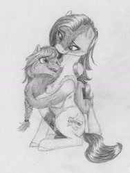 Size: 1605x2140 | Tagged: safe, artist:joestick, oc, oc only, species:earth pony, species:pony, g4, chest fluff, cuddling, earth pony oc, fluffy, hug, looking at each other, monochrome, traditional art