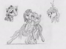 Size: 3000x2241 | Tagged: safe, artist:joestick, oc, oc only, species:earth pony, species:pegasus, species:pony, g4, earth pony oc, hug, looking at you, monochrome, nuzzling, pegasus oc, piercing, traditional art, winghug, wings