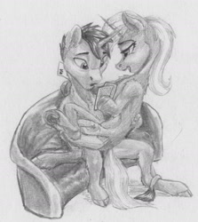 Size: 1626x1823 | Tagged: safe, artist:joestick, character:trixie, oc, species:pony, species:unicorn, g4, card, couch, horn, monochrome, sitting on, sitting on lap, sitting on pony, traditional art, unicorn oc