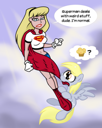 Size: 1255x1575 | Tagged: safe, artist:epulson, character:derpy hooves, species:pegasus, species:pony, crossover, dc comics, female, mare, muffin, supergirl, that pony sure does love muffins