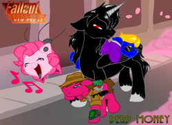 Size: 917x667 | Tagged: safe, artist:inkwell, character:pinkie pie, oc, oc:cherry pie, oc:pink-e, species:alicorn, species:earth pony, species:pony, fallout equestria, alicorn oc, clothing, colored hooves, domino mask, eyes closed, fallout, fallout: new vegas, fanfic, fanfic art, female, floppy ears, flying, god, hat, hooves, horn, male, mare, ministry mares, new pegas, open mouth, pipbuck, robot, stallion, sunglasses, text, wings