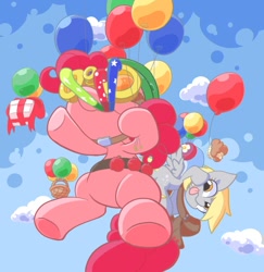 Size: 960x988 | Tagged: safe, artist:nyankamedon, character:derpy hooves, character:pinkie pie, species:pegasus, species:pony, bag, balloon, basket, female, flying, goggles, mare, pixiv, present, then watch her balloons lift her up to the sky
