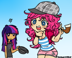 Size: 782x631 | Tagged: safe, artist:ponymonster, character:pinkie pie, character:twilight sparkle, gradient background, humanized