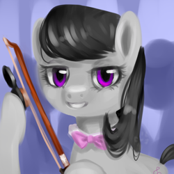 Size: 800x800 | Tagged: safe, artist:marinakirby, character:octavia melody, species:earth pony, species:pony, bow (instrument), female, looking at you, mare, smiling, solo