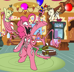 Size: 1605x1563 | Tagged: safe, artist:dankodeadzone, character:pinkie pie, character:pound cake, character:pumpkin cake, episode:baby cakes, g4, my little pony: friendship is magic, balloon, cake, sugarcube corner, symbiote, symbiote pony