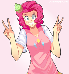 Size: 1145x1231 | Tagged: safe, artist:sallymon, character:pinkie pie, species:human, female, humanized, peace sign, pink background, simple background, smiling, solo