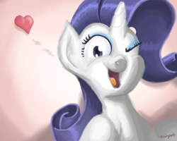 Size: 1125x900 | Tagged: safe, artist:scrimpeh, character:rarity, species:pony, species:unicorn, female, heart, mare, one eye closed, solo, wink