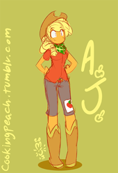 Size: 408x600 | Tagged: safe, artist:miu, character:applejack, species:anthro, ambiguous facial structure, applejack's hat, clothing, cowboy hat, female, hat, no nose, simple background, smiling, solo