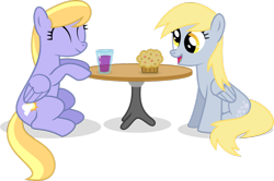Size: 1024x681 | Tagged: safe, artist:ulyssesgrant, character:cloud kicker, character:derpy hooves, species:pegasus, species:pony, cute, drink, eyes closed, female, glass, mare, muffin, open mouth, simple background, sitting, smiling, table, transparent background, vector