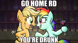 Size: 625x351 | Tagged: safe, artist:scrimpeh, character:applejack, character:rainbow dash, species:earth pony, species:pegasus, species:pony, bar, blushing, drunk, drunker dash, female, go home you're drunk, hoof hold, mare, wine, wine glass