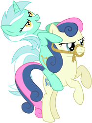 Size: 1200x1600 | Tagged: safe, artist:adcoon, character:bon bon, character:lyra heartstrings, character:sweetie drops, bon bon is not amused, bridle, duo, ponies riding ponies, rearing, riding, simple background, transparent background, vector