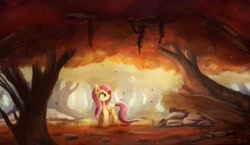Size: 1800x1042 | Tagged: safe, artist:ajvl, character:fluttershy, species:pegasus, species:pony, autumn, female, forest, leaves, mare, scenery, solo, tree