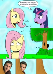 Size: 1240x1754 | Tagged: safe, artist:sonikku001, character:fluttershy, character:twilight sparkle, actual cannibal shia labeouf, open mouth, scared, shia labeouf, stalker, tree, wavy mouth, wide eyes