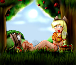 Size: 965x827 | Tagged: safe, artist:xptzstudios, character:applejack, species:human, alternative cutie mark placement, apple, apple tree, applejack's hat, barefoot, bedroom eyes, boots, bucket, clothing, cowboy hat, daisy dukes, feet, female, food, foot fetish, grass, hat, humanized, open mouth, shoes, shorts, sitting, socks, soles, sweet apple acres, toes, tree
