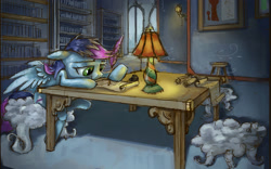 Size: 2408x1500 | Tagged: safe, artist:ruffu, oc, oc only, species:pegasus, species:pony, feather, lamp, paper, quill, scroll, solo, table, writing