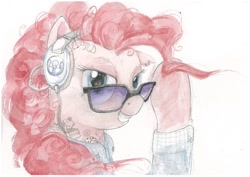 Size: 1062x751 | Tagged: safe, artist:quiet-victories, character:pinkie pie, clothing, grin, headphones, looking at you, shirt, sunglasses, tattoo, traditional art