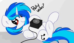 Size: 1166x685 | Tagged: dead source, safe, artist:fribox, character:dj pon-3, character:vinyl scratch, species:pony, species:unicorn, bellyrubs, cute, female, legs in air, looking at you, on back, pun, smiling, solo, underhoof, vinylbetes, wub