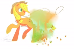 Size: 2700x1800 | Tagged: safe, artist:stupidyou3, character:applejack, female, lasso, leaves, mouth hold, solo