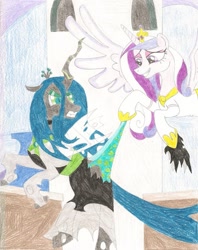 Size: 795x1004 | Tagged: safe, artist:wjmmovieman, character:princess cadance, character:queen chrysalis, angry, assisted exposure, clothing, dress, green underwear, heart, heart print underwear, panties, panty pull, revenge, torn clothes, traditional art, underwear, wedgie