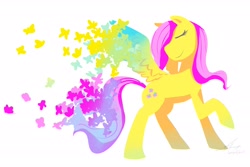 Size: 2700x1800 | Tagged: safe, artist:stupidyou3, character:fluttershy, butterfly, eyes closed, female, raised hoof, simple background, solo, spread wings, white background, wings