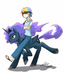 Size: 2200x2500 | Tagged: safe, artist:stupidyou3, character:princess luna, character:rainbow dash, species:alicorn, species:pony, female, high res, humanized, sunglasses, swag