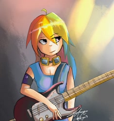 Size: 1500x1593 | Tagged: safe, artist:stupidyou3, character:rainbow dash, species:human, female, guitar, humanized, solo