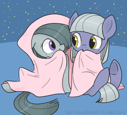 Size: 962x875 | Tagged: safe, artist:inkie-heart, character:limestone pie, character:marble pie, blanket, cute, female, filly, heart eyes, limabetes, marblebetes, siblings, sisters, smiling, sweet dreams fuel, underhoof, when she smiles, wingding eyes, younger